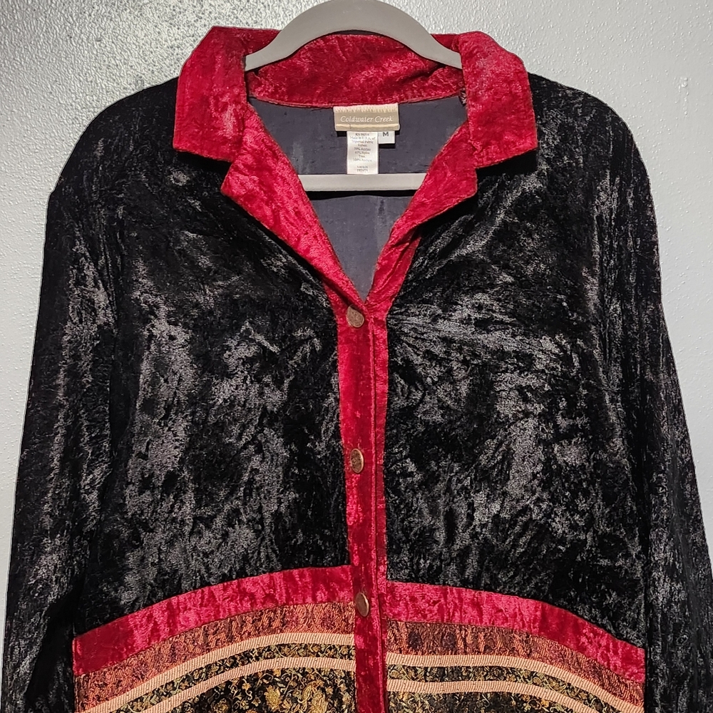 VINTAGE Coldwater Creek Jacket Women's Medium Black Velvet Patchwork Boho Gothic - Picture 3 of 7